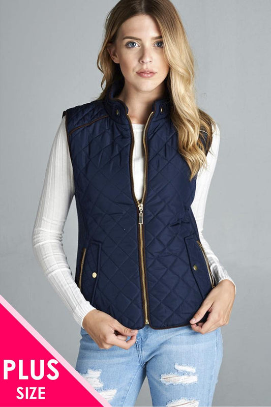 Quilted Padding Vest With Suede Piping Details