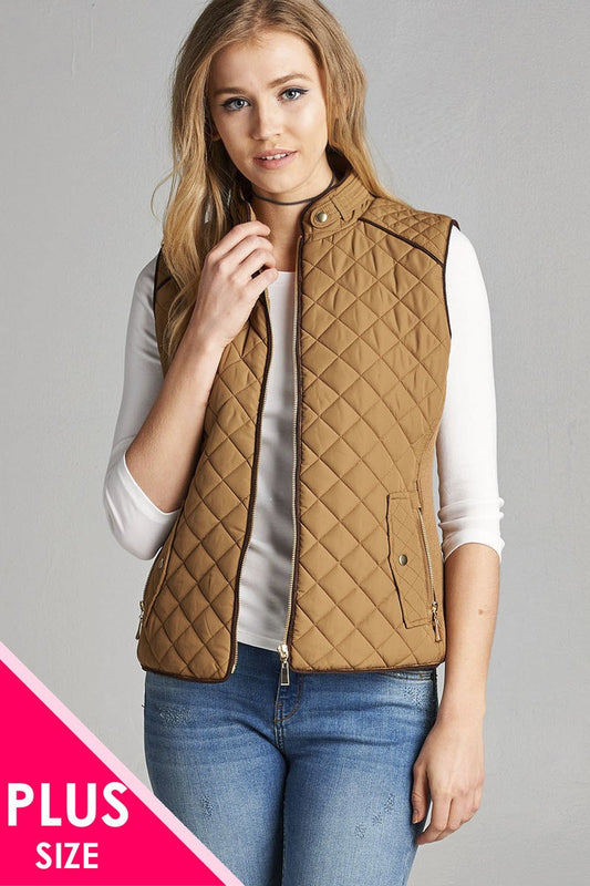 Quilted Padding Vest With Suede Piping Details