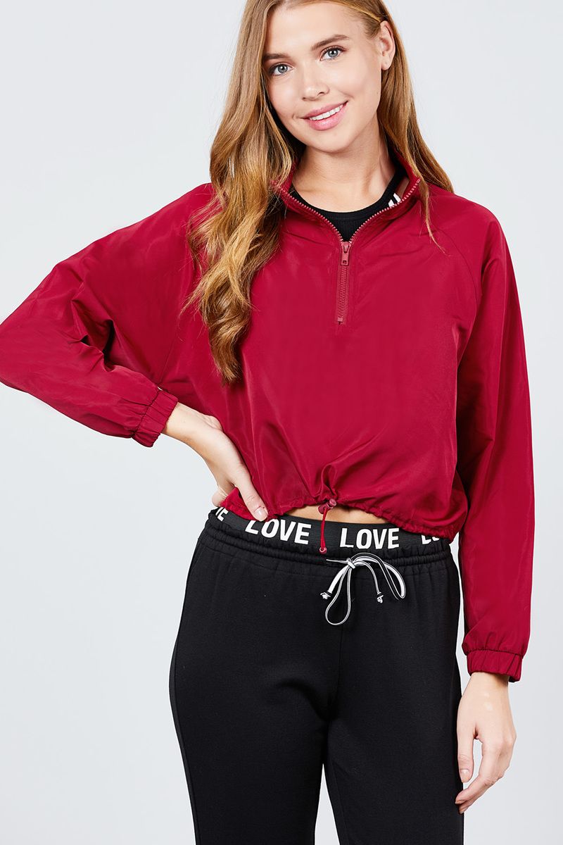 Long Raglan Sleeve Mock Neck Toggle Elastic Hem Wind Breaker Crop To