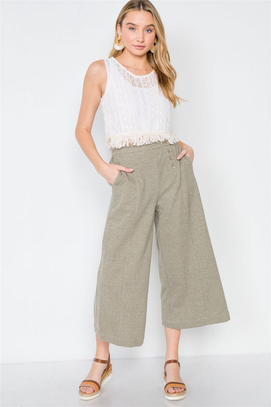 Knit Side Button Wide Leg Ankle Pants