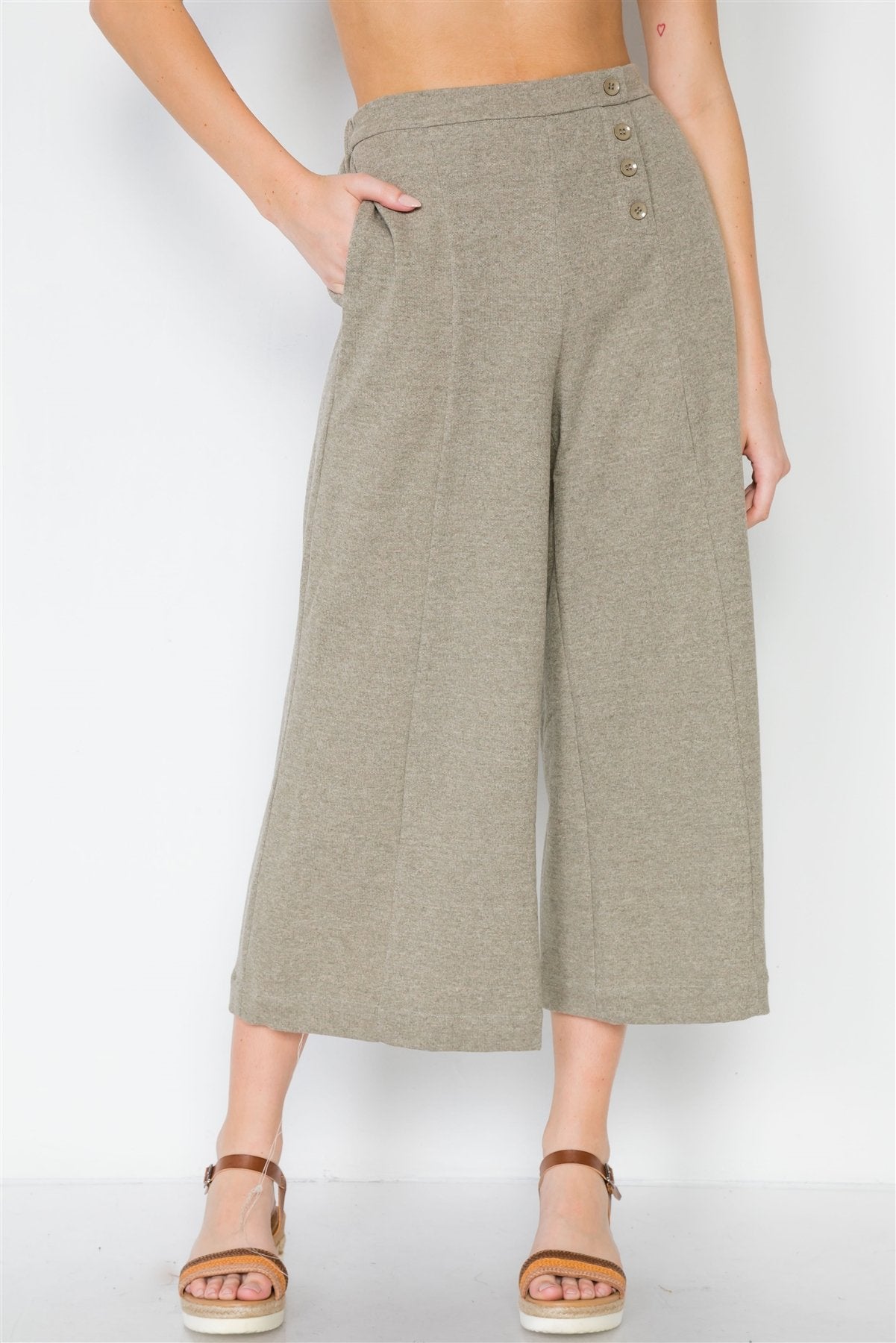 Knit Side Button Wide Leg Ankle Pants