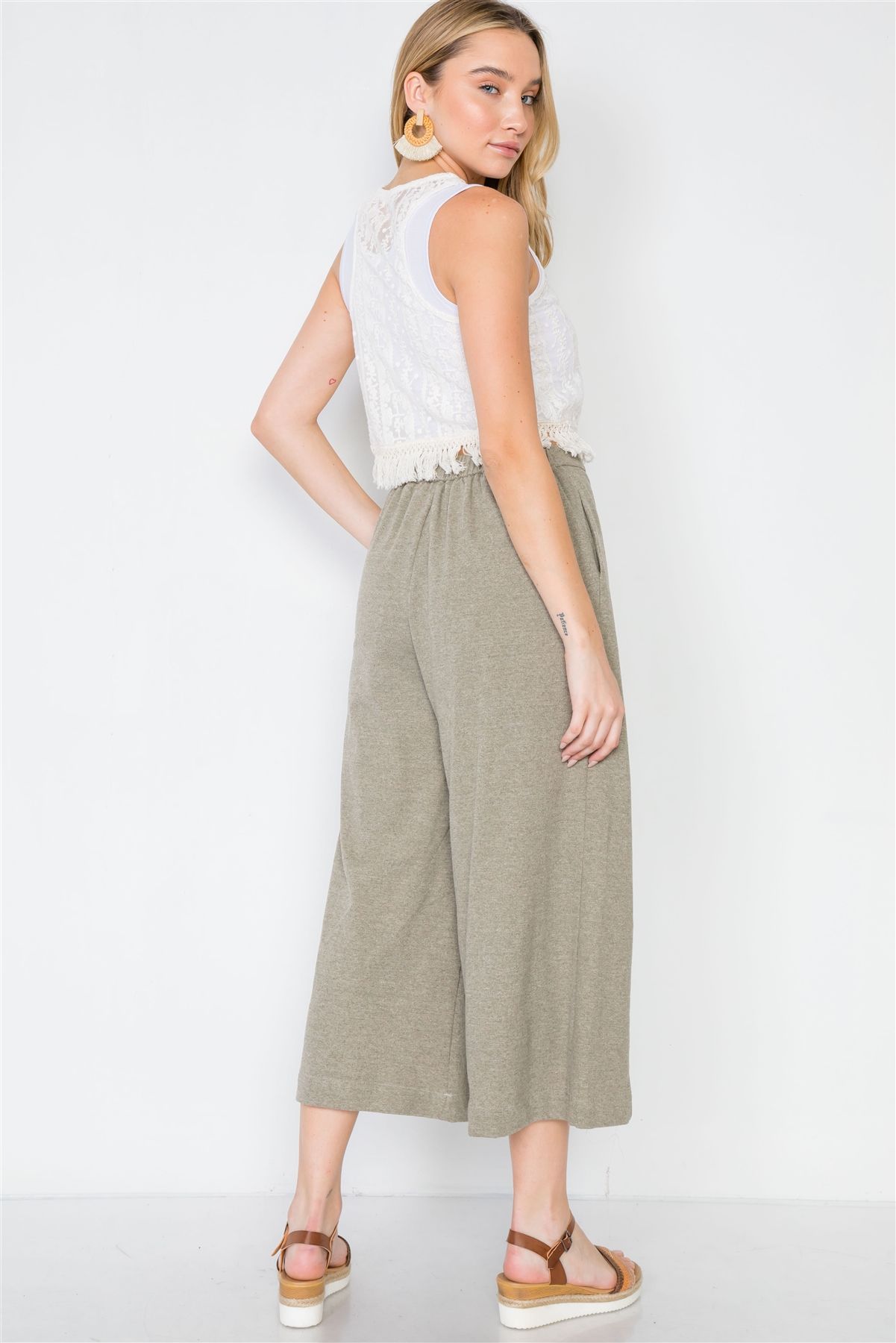 Knit Side Button Wide Leg Ankle Pants