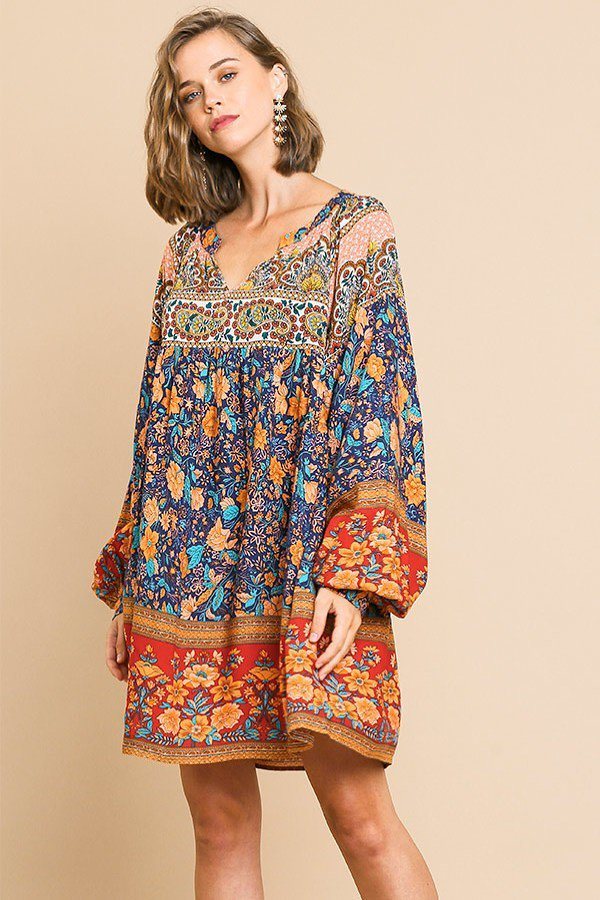 Floral Mixed Print Long Puff Sleeve Split Neck Dress