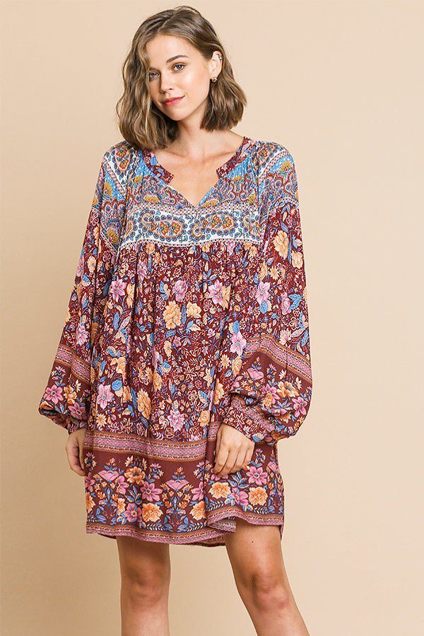 Floral Mixed Print Long Puff Sleeve Split Neck Dress