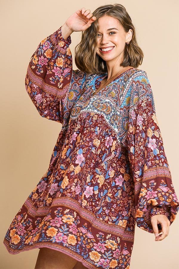 Floral Mixed Print Long Puff Sleeve Split Neck Dress