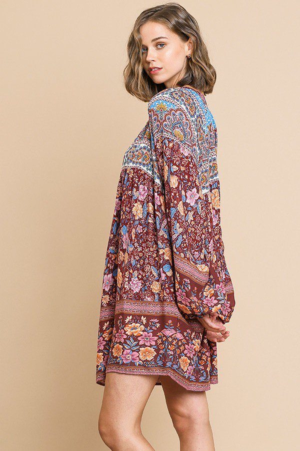 Floral Mixed Print Long Puff Sleeve Split Neck Dress