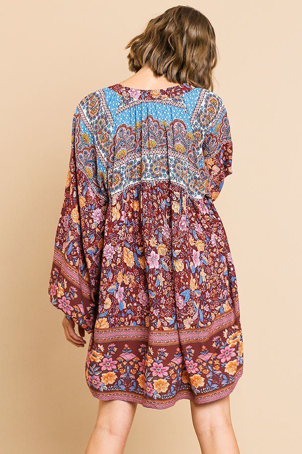 Floral Mixed Print Long Puff Sleeve Split Neck Dress