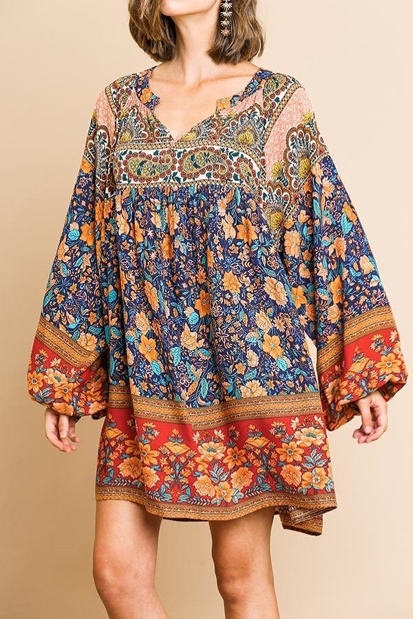 Floral Mixed Print Long Puff Sleeve Split Neck Dress