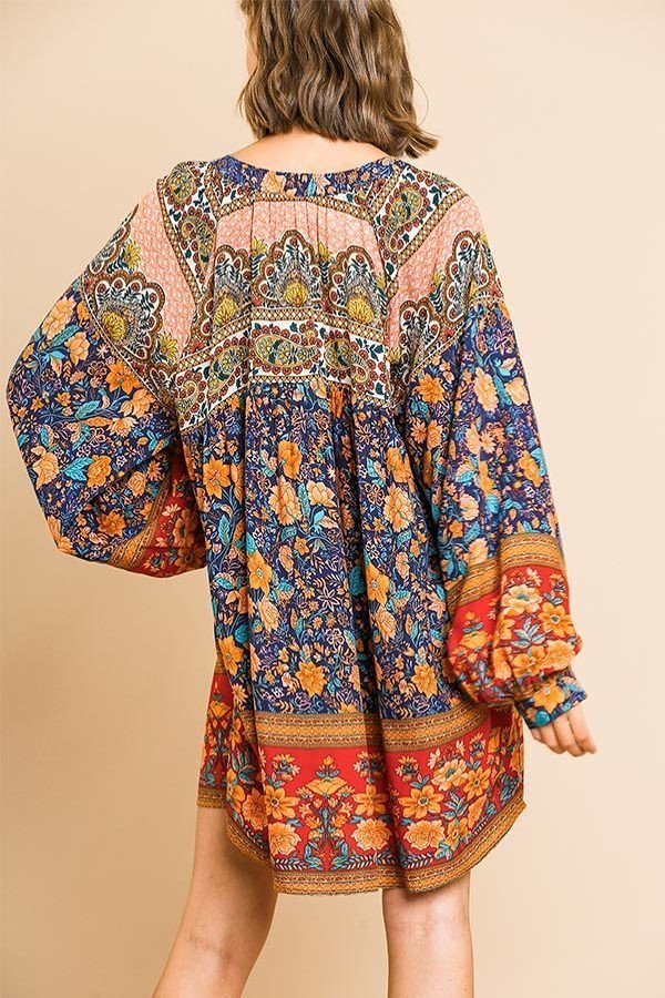 Floral Mixed Print Long Puff Sleeve Split Neck Dress