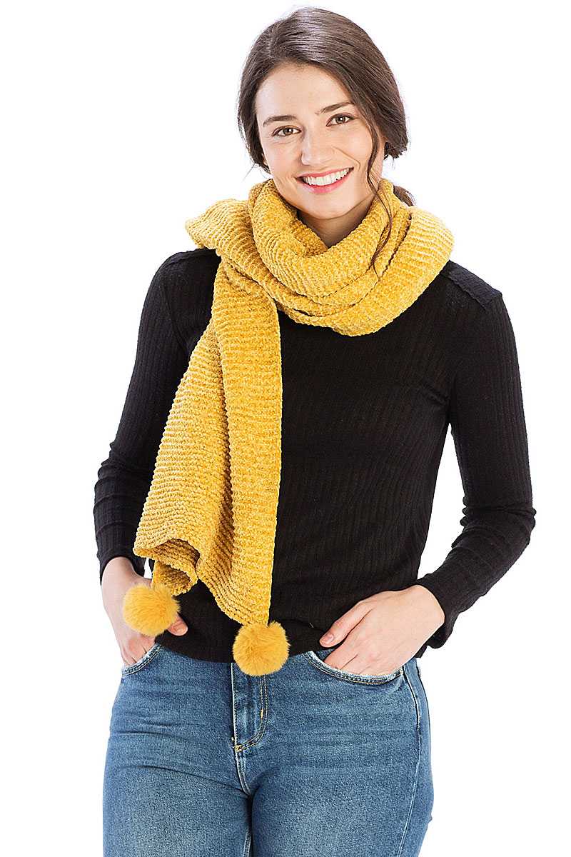 Pleated Chenile Pom Pom Scarf