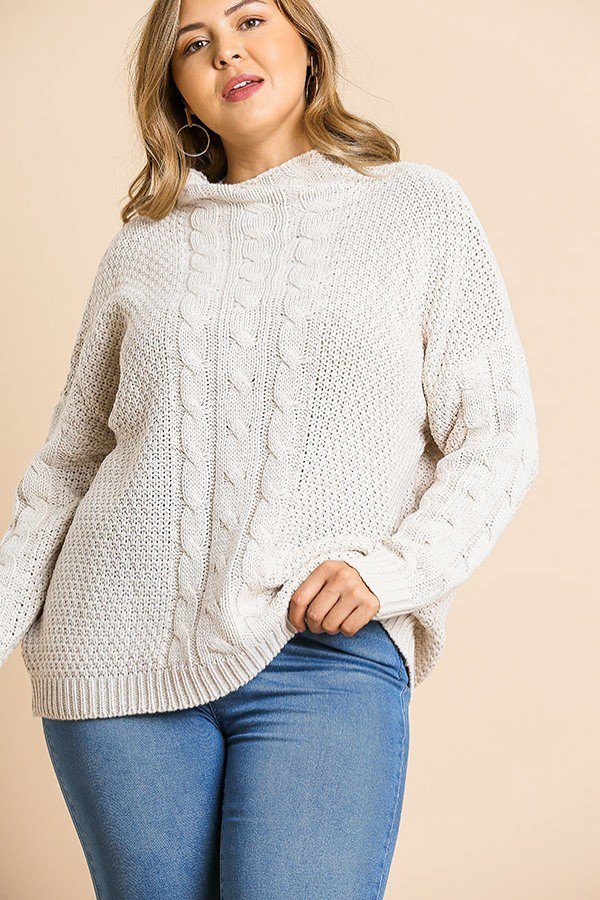 Long Sleeve Cable Knit Mock Neck Pullover Sweater