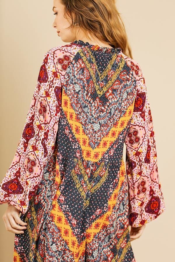 Scarf Mixed Print Long Puff Sleeve Keyhole Maxi Dress