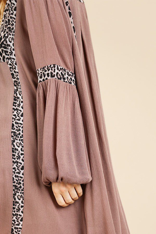 Animal Print Long Puff Sleeve Split Neck Babydoll Dress