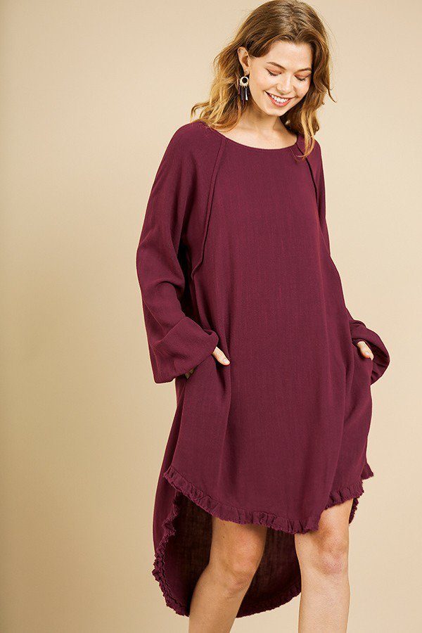 Linen Blend Long Puff Sleeve Round Neck High Low Dress