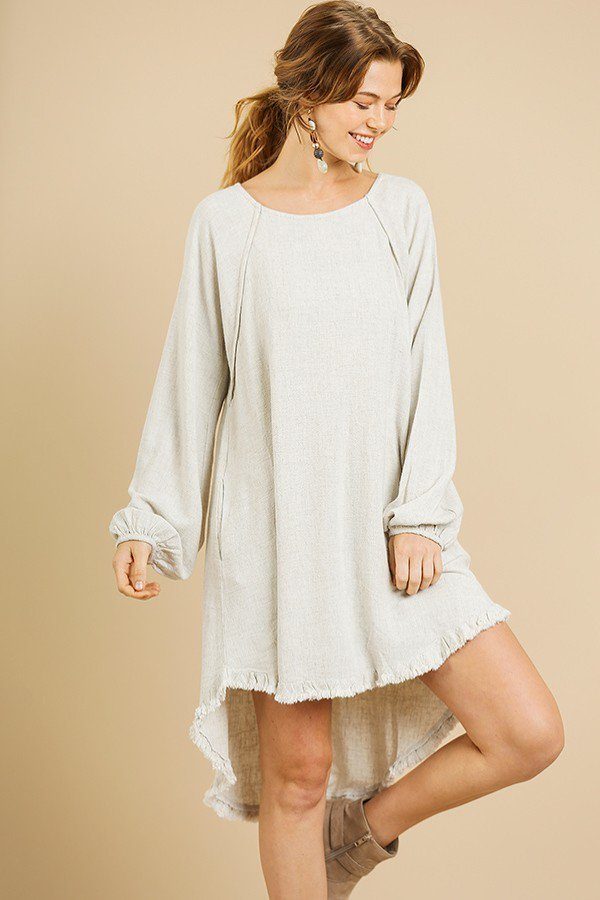 Linen Blend Long Puff Sleeve Round Neck High Low Dress