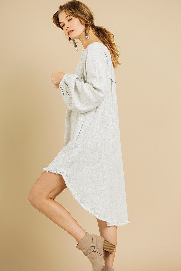 Linen Blend Long Puff Sleeve Round Neck High Low Dress