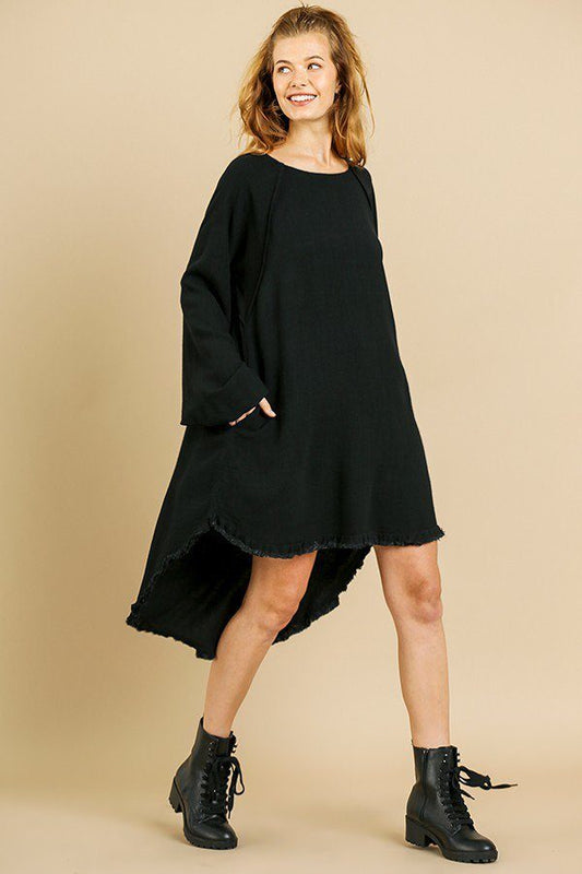 Linen Blend Long Puff Sleeve Round Neck High Low Dress