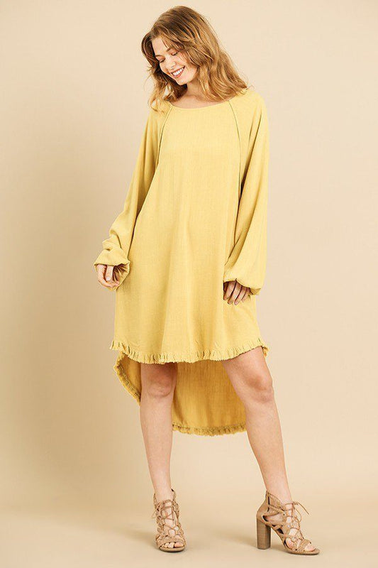 Linen Blend Long Puff Sleeve Round Neck High Low Dress