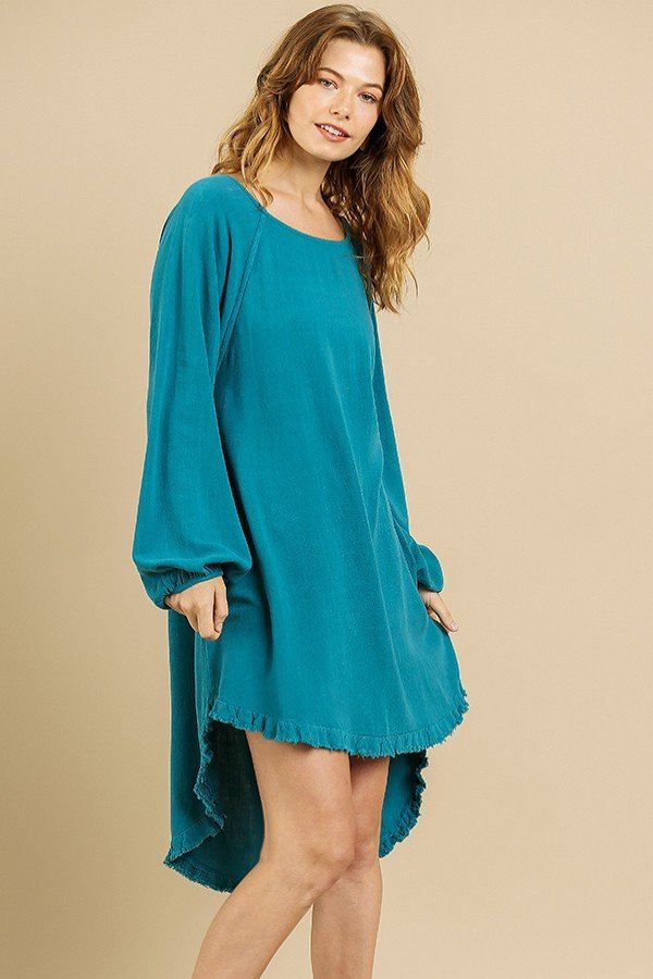 Linen Blend Long Puff Sleeve Round Neck High Low Dress