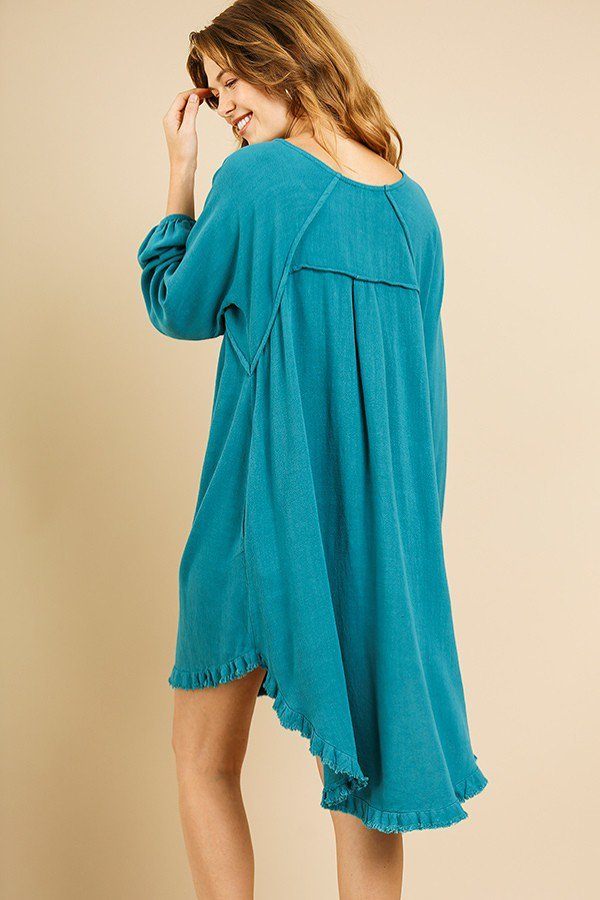 Linen Blend Long Puff Sleeve Round Neck High Low Dress