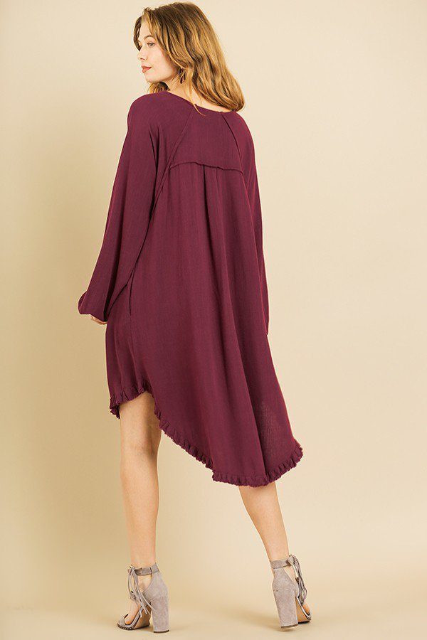 Linen Blend Long Puff Sleeve Round Neck High Low Dress