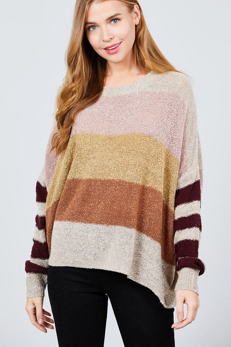 Long Dolman Sleeve Round Neck Multi Color Block Sweater