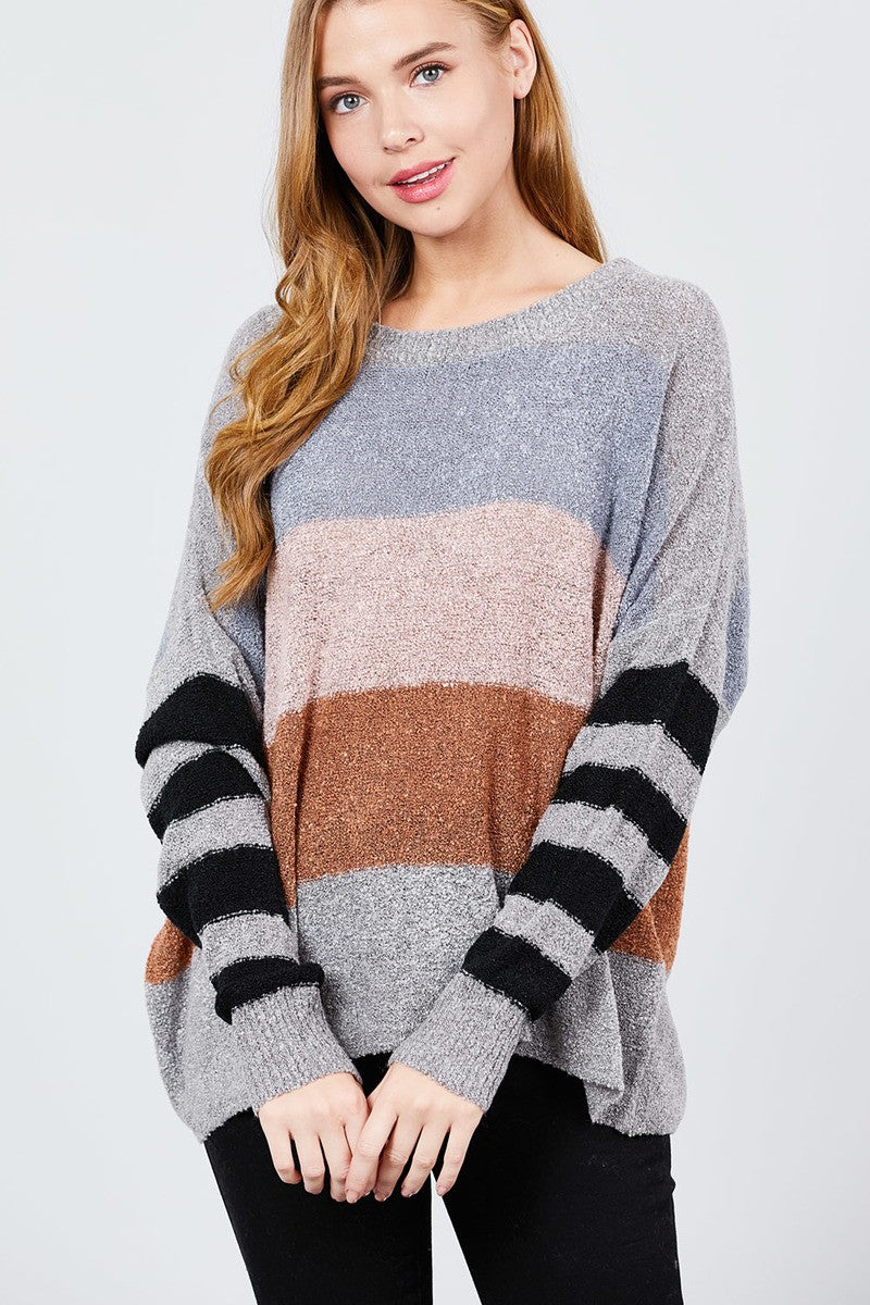 Long Dolman Sleeve Round Neck Multi Color Block Sweater