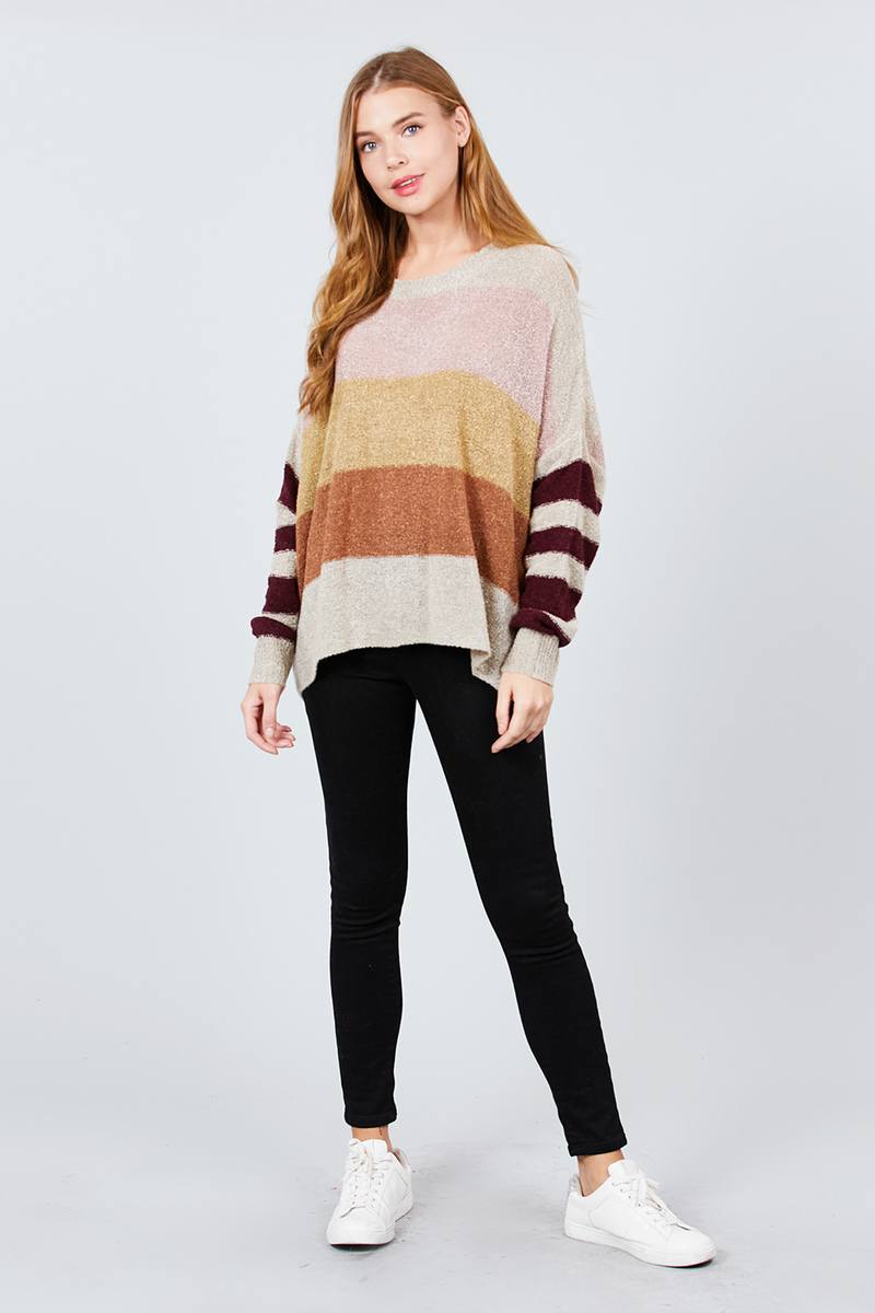 Long Dolman Sleeve Round Neck Multi Color Block Sweater