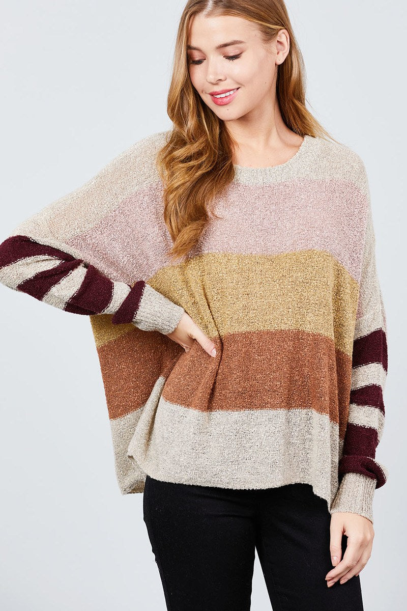 Long Dolman Sleeve Round Neck Multi Color Block Sweater