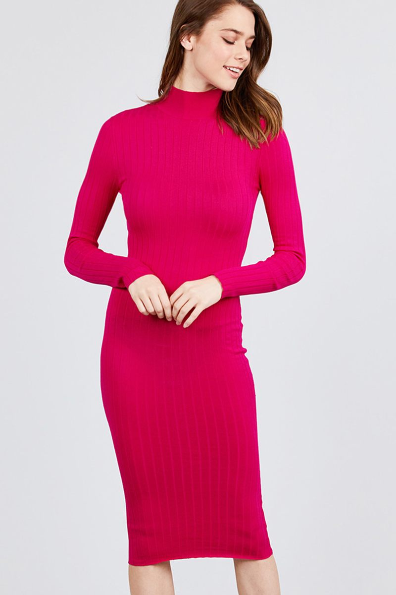 Long Sleeve Mock Neck Rib Sweater Midi Dress