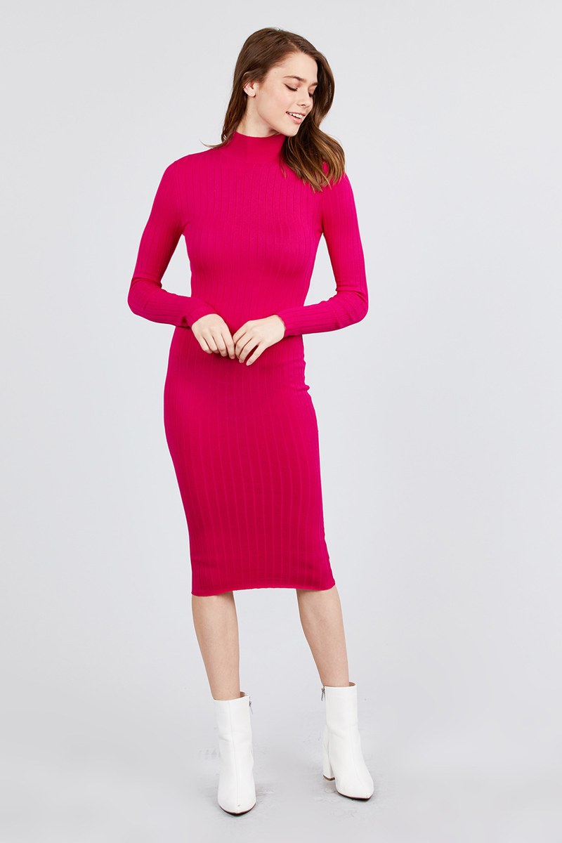 Long Sleeve Mock Neck Rib Sweater Midi Dress