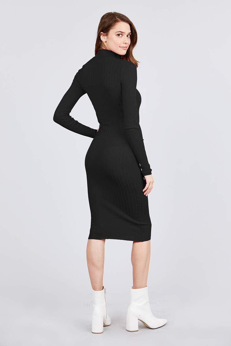 Long Sleeve Mock Neck Rib Sweater Midi Dress