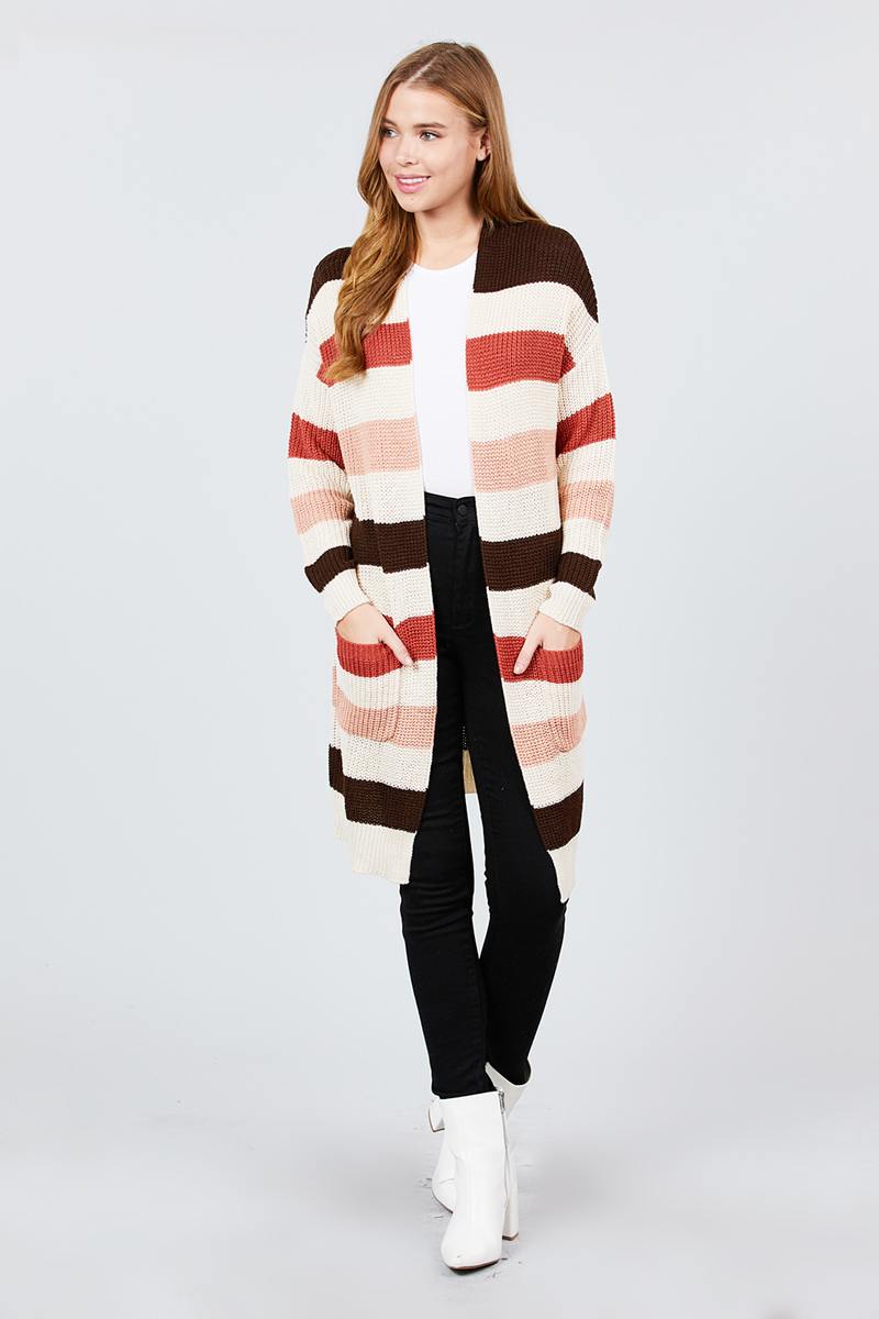 Long Sleeve W/two Pocket Color Block Sweater Cardigan