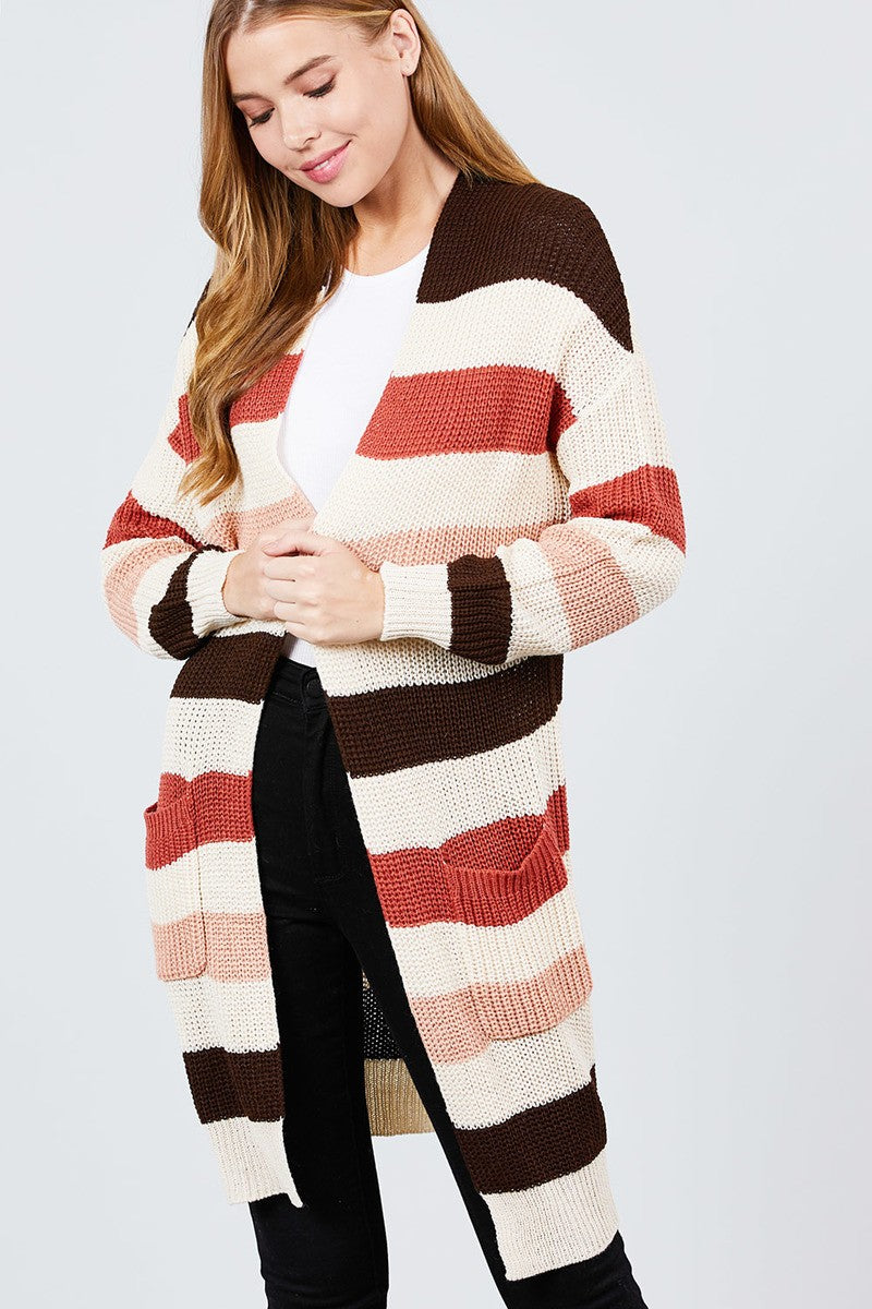 Long Sleeve W/two Pocket Color Block Sweater Cardigan