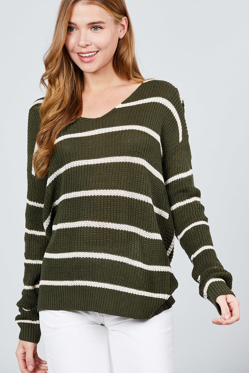 Long Sleeve V-neck Twist Back Stripe Sweater Top