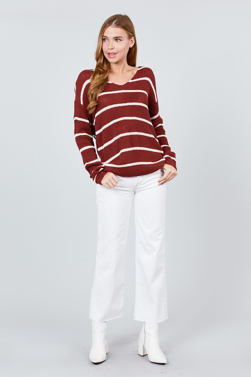 Long Sleeve V-neck Twist Back Stripe Sweater Top