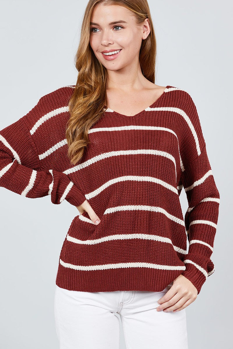 Long Sleeve V-neck Twist Back Stripe Sweater Top