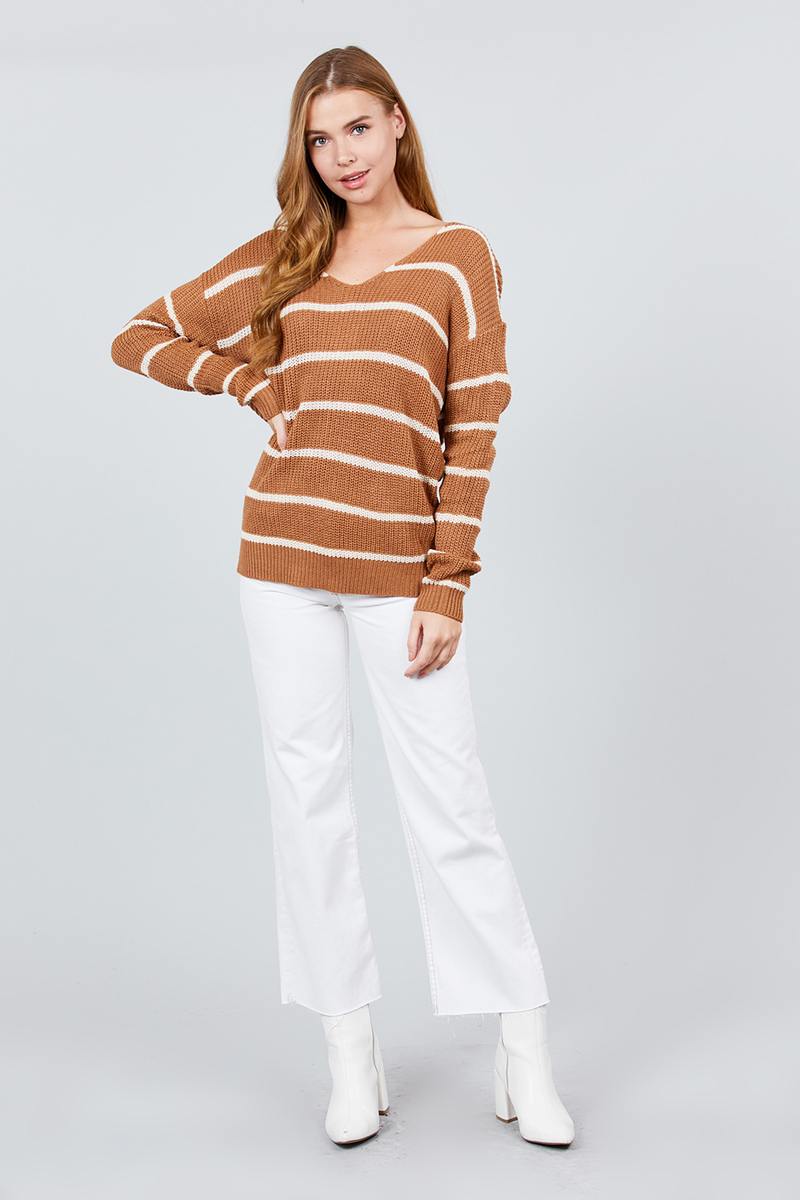 Long Sleeve V-neck Twist Back Stripe Sweater Top