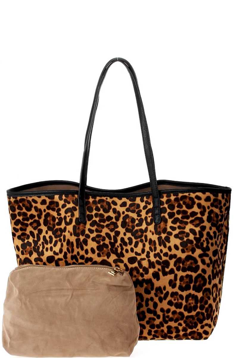 2in1 Designer Trendy Leopard Suede Shopper Bag