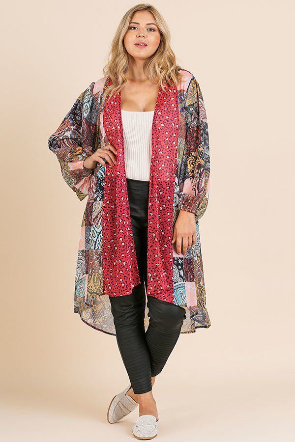 Sheer Animal Scarf Mixed Print Long Puff Sleeve Open Front Long Kimono