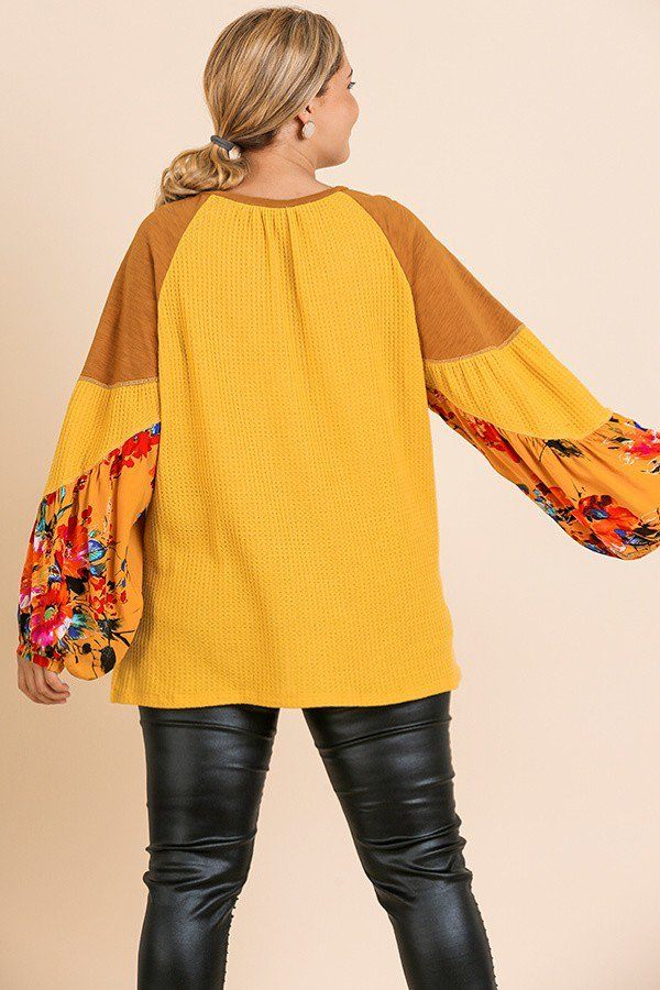 Floral Print Long Puff Sleeve Round Neck Waffle Knit Top