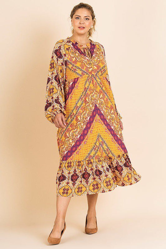 Scarf Mixed Print Long Puff Sleeve Keyhole Maxi Dress