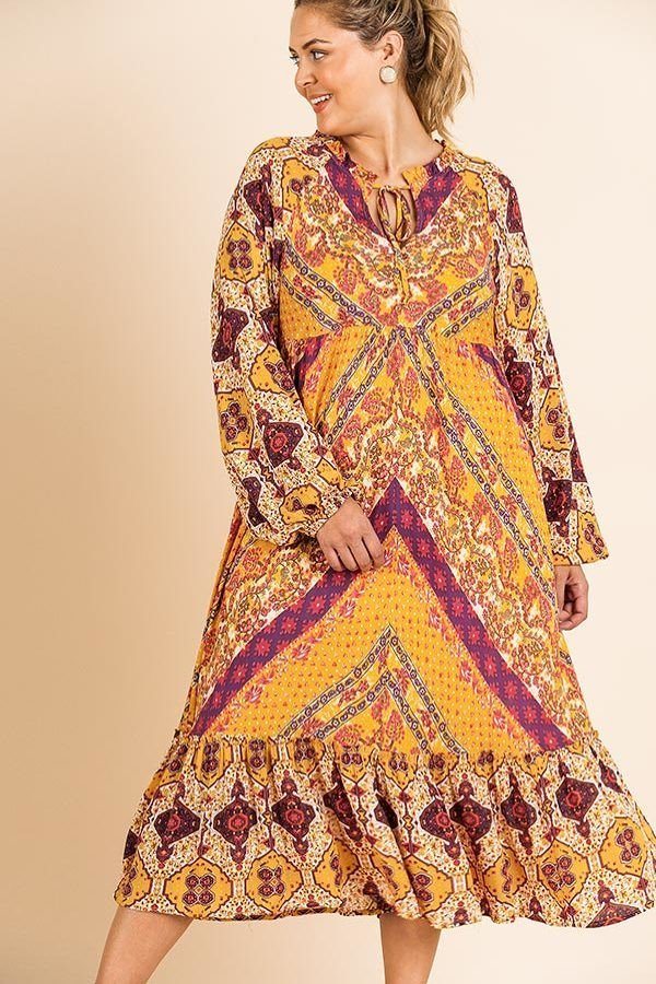 Scarf Mixed Print Long Puff Sleeve Keyhole Maxi Dress