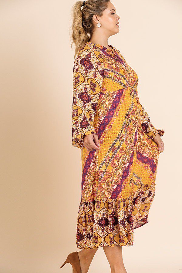 Scarf Mixed Print Long Puff Sleeve Keyhole Maxi Dress