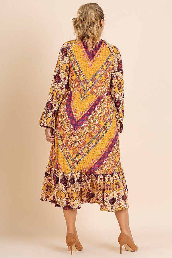 Scarf Mixed Print Long Puff Sleeve Keyhole Maxi Dress