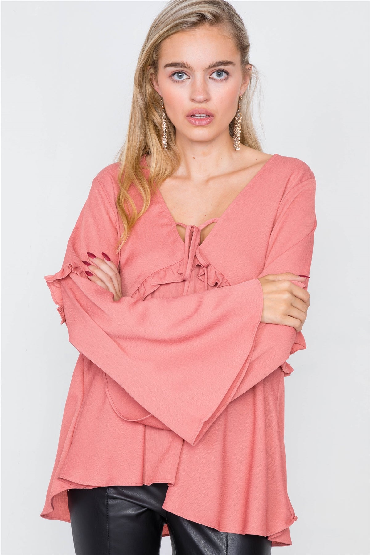 Flounce Belle Sleeve Lace-up V-neck Blouse