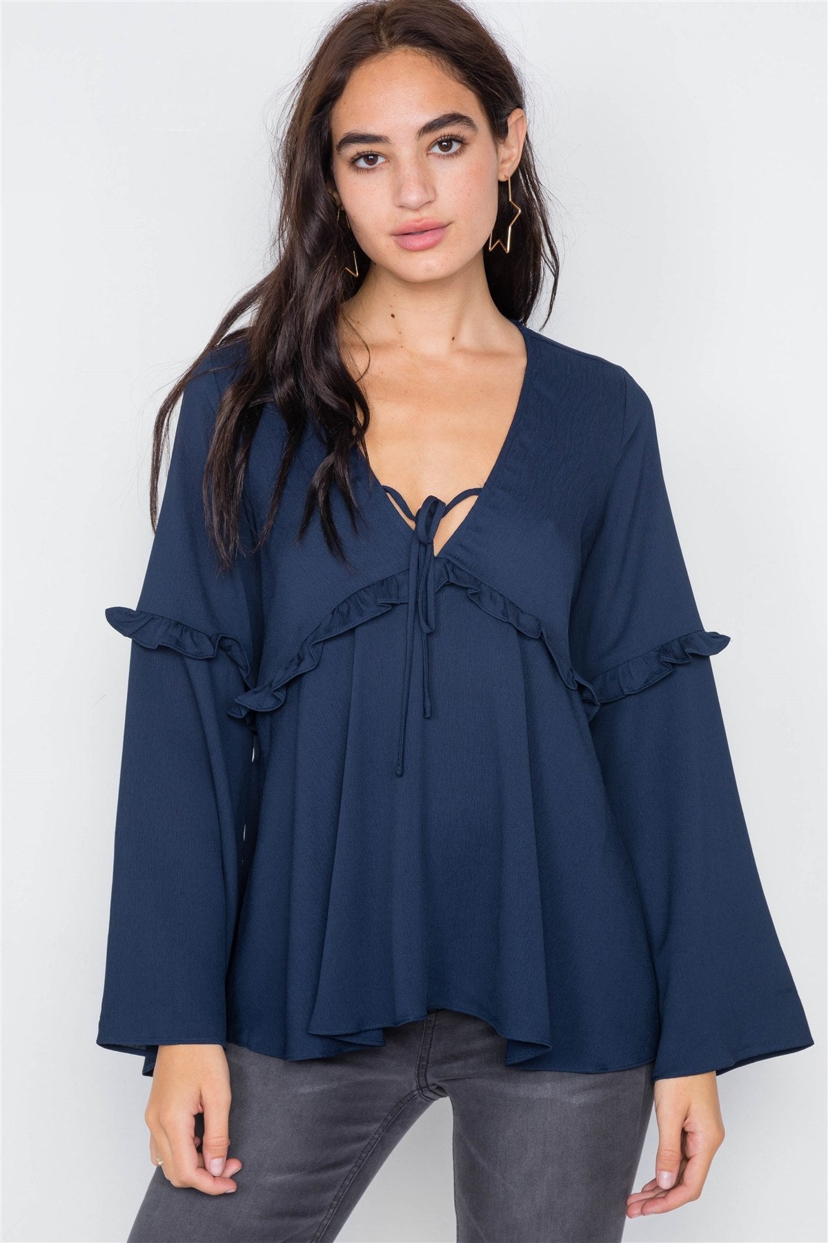 Flounce Belle Sleeve Lace-up V-neck Blouse