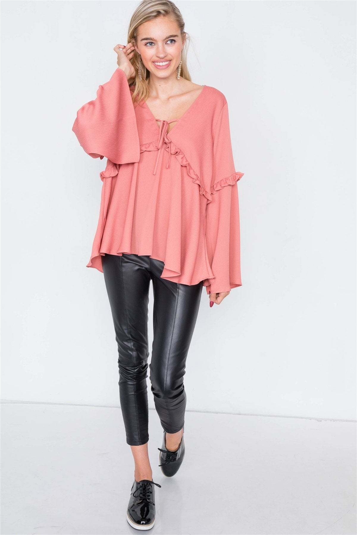 Flounce Belle Sleeve Lace-up V-neck Blouse