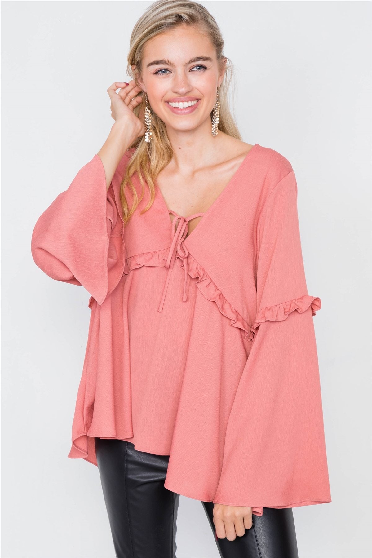 Flounce Belle Sleeve Lace-up V-neck Blouse