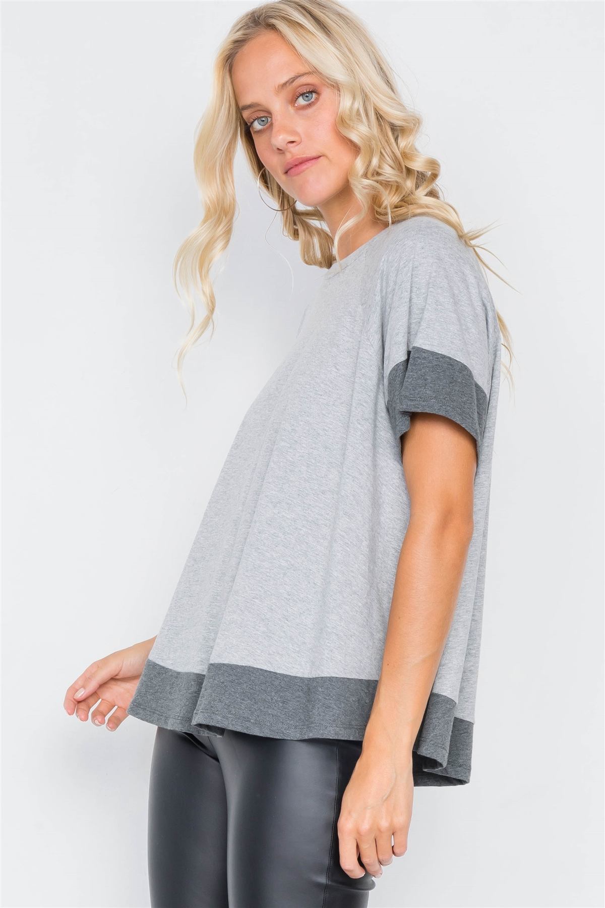 Grey Contrast Trim Flare Cotton Tee